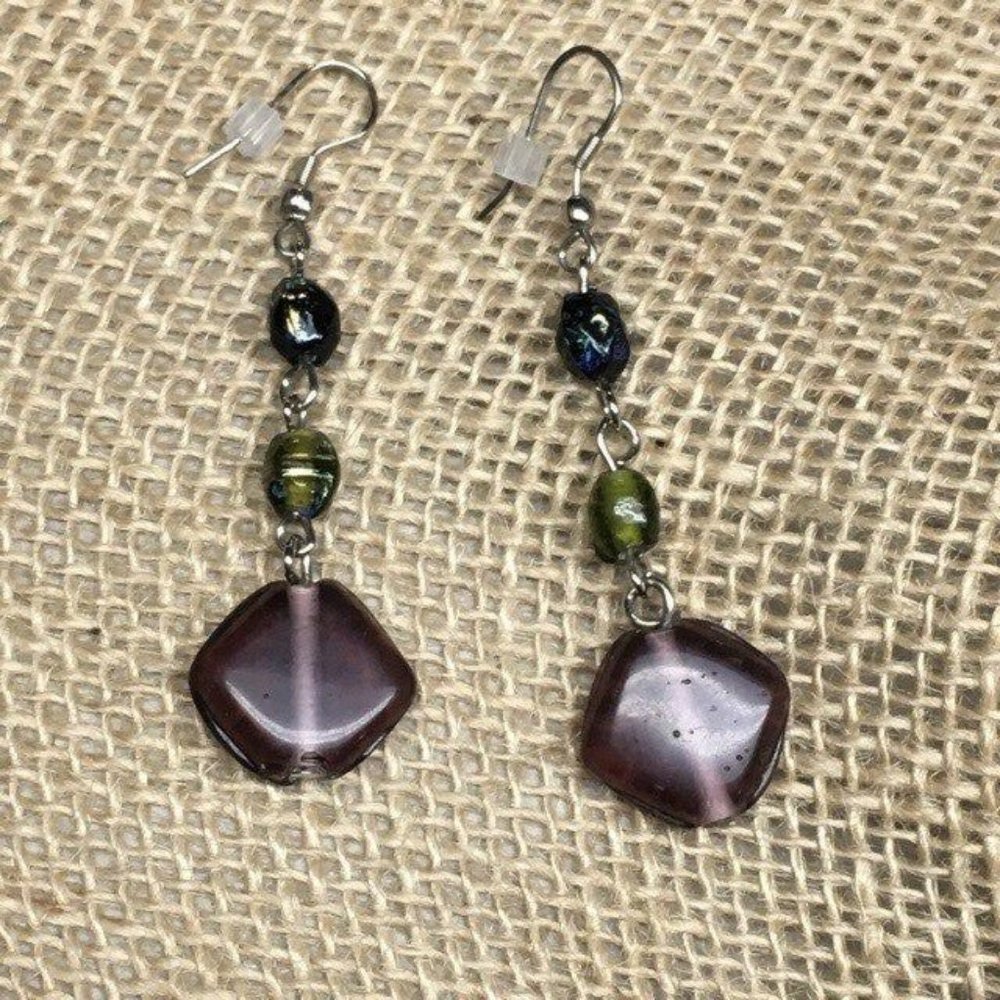 Dangle Pierced Earrings Purple Diamond Green Blue Round Silver Hook Retro BoHo - Picture 2 of 3